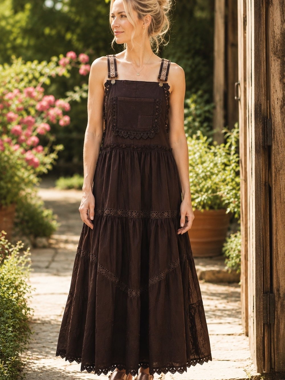 American Eagle Overall Maxi Dress M Brown Embroidered Crochet Lace Boho